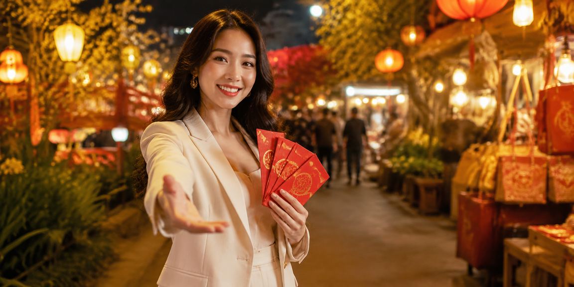 Bầu không khí chợ đêm Hà Nội với phong bao đỏ tượng trưng cho may mắn và phần thưởng VIP