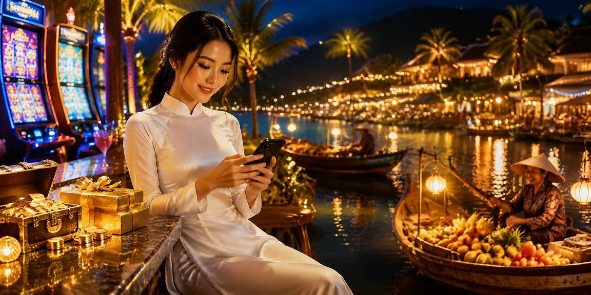 Người dùng Phú Quốc trải nghiệm slot game trên 79kin trong trang phục áo dài